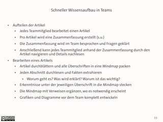 Schneller Wissensaufbau in Teams


●   Aufteilen der Artikel
     ●   Jedes Teammitglied bearbeitet einen Artikel
     ●   Pro Artikel wird eine Zusammenfassung erstellt (s.u.)
     ●   Die Zusammenfassung wird im Team besprochen und Fragen geklärt
     ●   Anschließend kann jedes Teammitglied anhand der Zusammenfassung durch den
         Artikel navigieren und Details nachlesen
●   Bearbeiten eines Artikels
     ●   Artikel durchblättern und alle Überschriften in eine Mindmap packen
     ●   Jeden Abschnitt durchlesen und Fakten extrahieren
          ●   Worum geht es? Was wird erklärt? Warum ist das wichtig?
     ●   Erkenntnisse unter der jeweiligen Überschrift in die Mindmap stecken
     ●   Die Mindmap mit Verweisen ergänzen, wo es notwendig erscheint
     ●   Grafiken und Diagramme vor dem Team komplett entwickeln




                                                                                     33
 