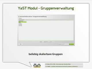 YaST Modul - Gruppenverwaltung




     beliebig skalierbare Gruppen
 