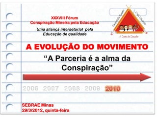 XXXVIII Fórum
    Conspiração Mineira pela Educação
       Uma aliança intersetorial pela
         Educação de qualidade


 A EVOLUÇÃO DO MOVIMENTO
          “A Parceria é a alma da
              Conspiração”



SEBRAE Minas
29/3/2012, quinta-feira
 