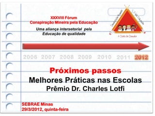 XXXVIII Fórum
    Conspiração Mineira pela Educação
       Uma aliança intersetorial pela
         Educação de qualidade




        Próximos passos
   Melhores Práticas nas Escolas
            Prêmio Dr. Charles Lotfi

SEBRAE Minas
29/3/2012, quinta-feira
 
