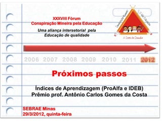 XXXVIII Fórum
    Conspiração Mineira pela Educação
       Uma aliança intersetorial pela
         Educação de qualidade




              Próximos passos
     Índices de Aprendizagem (ProAlfa e IDEB)
    Prêmio prof. Antônio Carlos Gomes da Costa

SEBRAE Minas
29/3/2012, quinta-feira
 