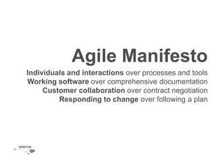 Agile Manifesto
Individuals and interactions over processes and tools
Working software over comprehensive documentation
     Customer collaboration over contract negotiation
         Responding to change over following a plan
 