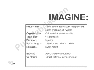 IMAGINE:
Project size:    Some scrum teams with independent
                 users and product owners
Organization:    Colocated at customer site
Team size:       6-8 per team
Duration:        3 years
Sprint length:   2 weeks, with shared demo
Releases:        Every month

Bidding:         Performance competition
Contract:        Target estimate per user story
 