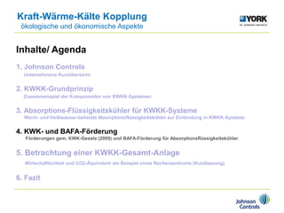 Inhalte/ Agenda
1. Johnson Controls
Unternehmens Kurzübersicht
2. KWKK-Grundprinzip
Zusammenspiel der Komponenten von KWKK-Systemen
3. Absorptions-Flüssigkeitskühler für KWKK-Systeme
Warm- und Heißwasser-beheizte Absorptionsflüssigkeitskühler zur Einbindung in KWKK-Systeme
4. KWK- und BAFA-Förderung
Förderungen gem. KWK-Gesetz (2009) und BAFA-Förderung für Absorptionsflüssigkeitskühler
5. Betrachtung einer KWKK-Gesamt-Anlage
Wirtschaftlichkeit und CO2-Äquivalent am Beispiel eines Rechenzentrums (Kurzfassung)
6. Fazit
Kraft-Wärme-Kälte Kopplung
ökologische und ökonomische Aspekte
 