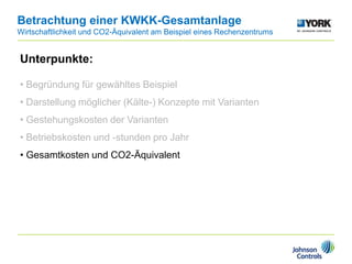 Betrachtung einer KWKK-Gesamtanlage
Wirtschaftlichkeit und CO2-Äquivalent am Beispiel eines Rechenzentrums
Unterpunkte:
• Begründung für gewähltes Beispiel
• Darstellung möglicher (Kälte-) Konzepte mit Varianten
• Gestehungskosten der Varianten
• Betriebskosten und -stunden pro Jahr
• Gesamtkosten und CO2-Äquivalent
 