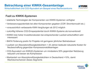 Betrachtung einer KWKK-Gesamtanlage
Wirtschaftlichkeit und CO2-Äquivalent am Beispiel eines Rechenzentrums
Fazit zu KWKK-Systemen
• etablierte Technologien der Komponenten von KWKK-Systemen verfügbar
• Verbesserungspotentiale bei allen Komponenten gegeben (COP, Stromkennzahl etc.)
• voraussichtlich verbesserte KWK-Vergütungen ab 2012 möglich
• zukünftig höheres CO2-Einsparpotential durch KWKK-Systeme als konventionell
• KWKK trotz hoher Investitionskosten bei entsprechender Laufzeit wirtschaftlich sehr
interessant
• BAFA Förderung positiv für Projekte mit geringerer jährlicher Betriebsdauer
• Laufzeit von Absorptionsflüssigkeitskühlern > 20 Jahren bedeutet reduzierte Kosten für
Neubeschaffung gegenüber Kompressionskälteanlagen
• CO2-Äquivalent von KWK(K)-Systemen um mindestens 50% gegenüber Netzbezug
reduziert und besser als Kompression
• Marktanteil von Absorptionsflüssigkeitskühlern in Deutschland <10%, damit
Wachstumschancen dieses Segments
 