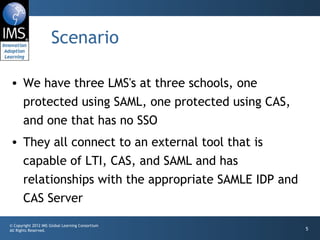 Scenario

• We have three LMS's at three schools, one
  protected using SAML, one protected using CAS,
  and one that has no SSO
• They all connect to an external tool that is
  capable of LTI, CAS, and SAML and has
  relationships with the appropriate SAMLE IDP and
  CAS Server
© Copyright 2012 IMS Global Learning Consortium
All Rights Reserved.                                 5
 