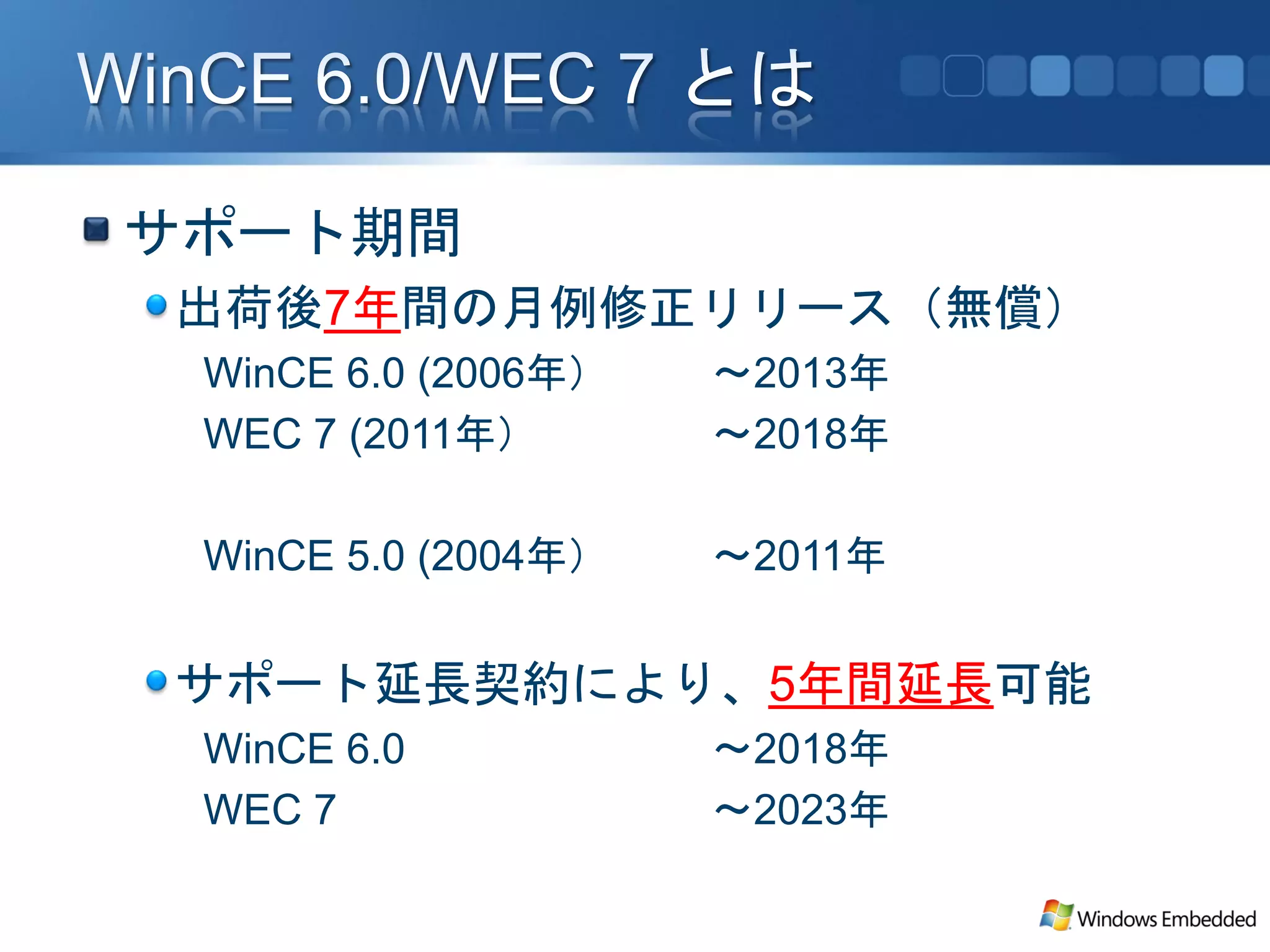 サポート期間
出荷後7年間の月例修正リリース（無償）
 WinCE 6.0 (2006年）   ～2013年
 WEC 7 (2011年）       ～2018年

 WinCE 5.0 (2004年）   ～2011年


サポート延長契約により、5年間延長可能
 WinCE 6.0           ～2018年
 WEC 7               ～2023年
 