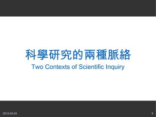 科學研究的兩種脈絡
             Two Contexts of Scientific Inquiry




2012-03-24                                        5
 