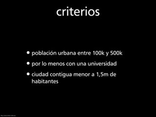 criterios


                              •población urbana entre 100k y 500k
                              •por lo menos ...