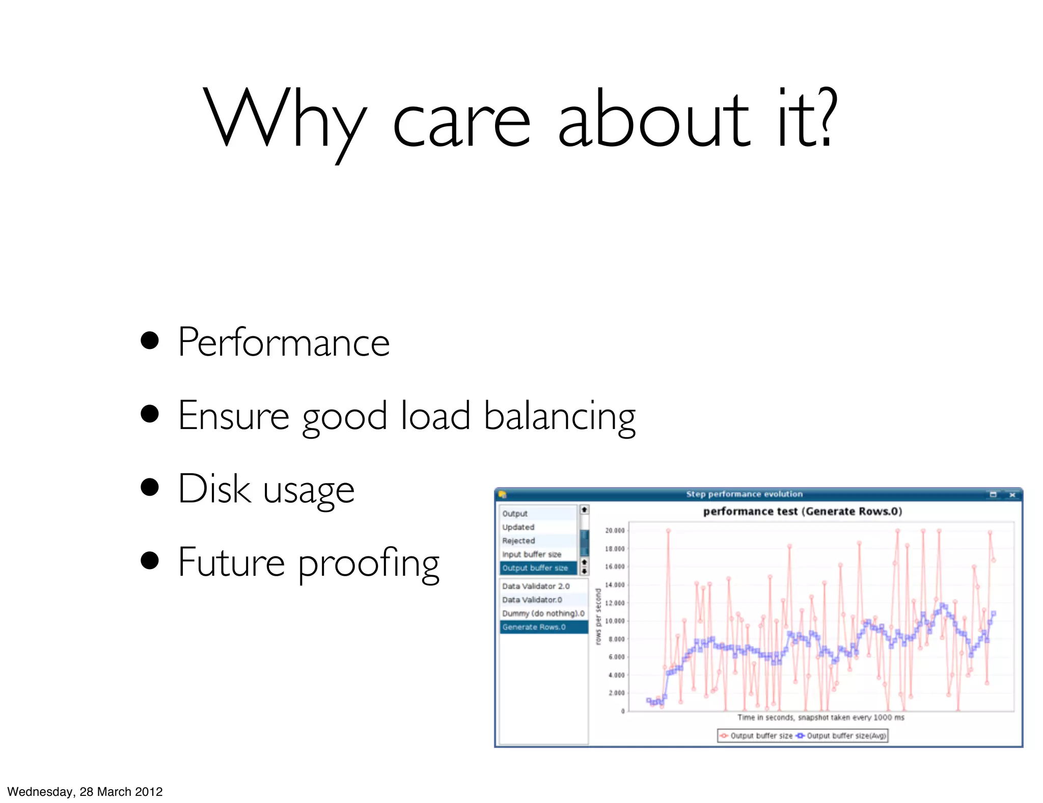Why care about it?

                   • Performance
                   • Ensure good load balancing
                   • Disk usage
                   • Future prooﬁng

Wednesday, 28 March 2012
 