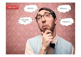 Verwirrt?        Activiti   Alfresco




            camunda
              fox             Signavio
 