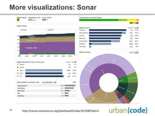 More visualizations: Sonar




13   http://nemo.sonarsource.org/dashboard/index/327690?did=6
 