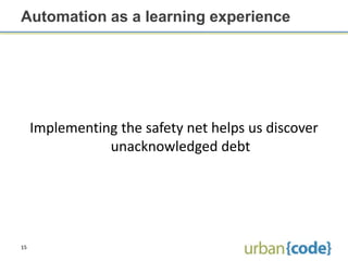 Automation as a learning experience




     Implementing the safety net helps us discover
                unacknowledged debt




15
 