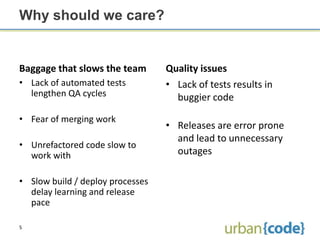 Why should we care?


Baggage that slows the team       Quality issues
• Lack of automated tests         • Lack of tests results in
  lengthen QA cycles                buggier code

• Fear of merging work
                                  • Releases are error prone
                                    and lead to unnecessary
• Unrefactored code slow to
  work with                         outages

• Slow build / deploy processes
  delay learning and release
  pace

5
 