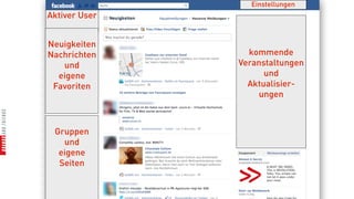 Einstellungen
Aktiver User


Neuigkeiten
Nachrichten      kommende
   und         Veranstaltungen
  eigene             und
 Favoriten       Aktualisier-
                   ungen



 Gruppen
   und
  eigene
  Seiten
 