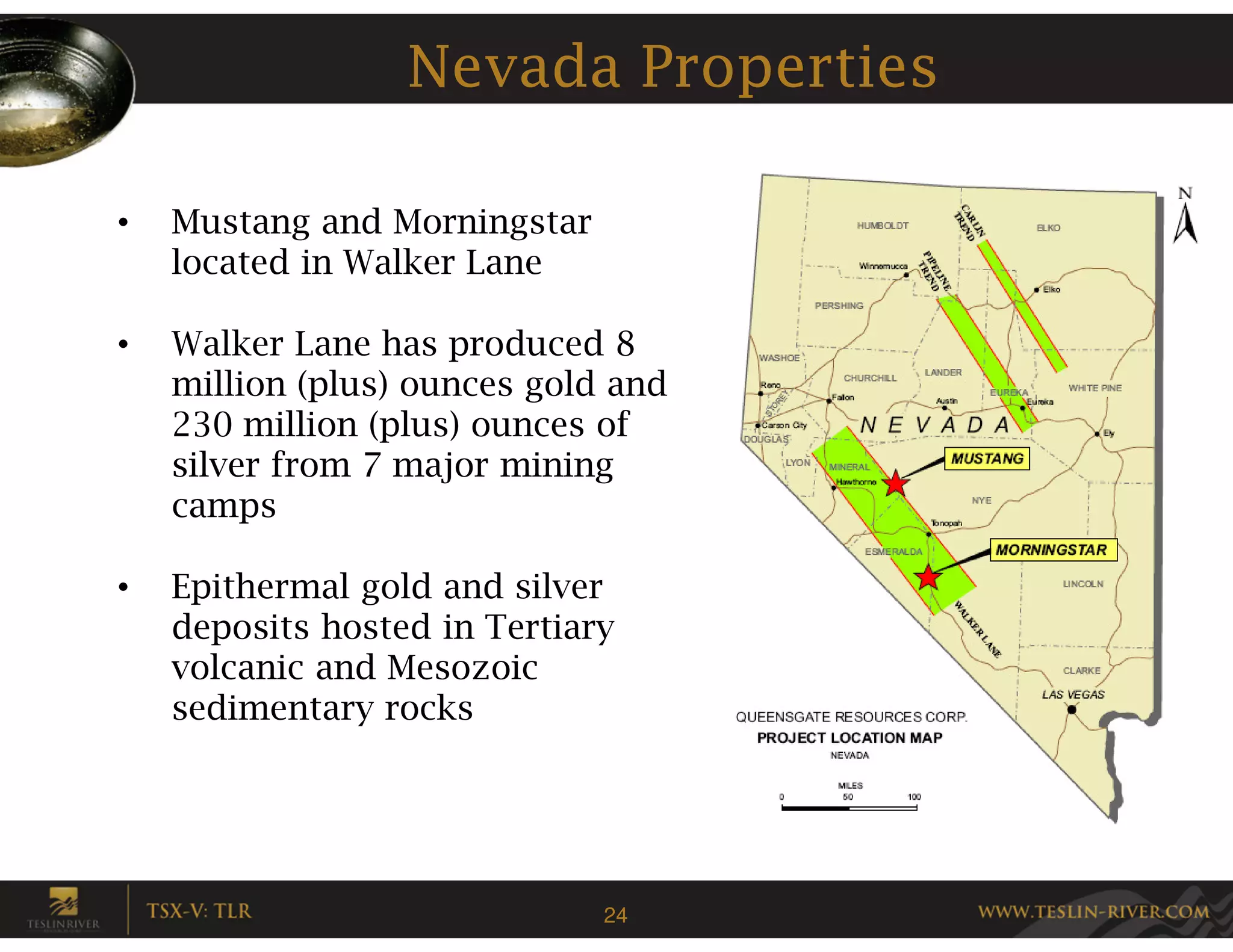 Nevada Properties

•   Mustang and Morningstar
    located in Walker Lane

•   Walker Lane has produced 8
    million (plus) ounces gold and
    230 million (plus) ounces of
    silver from 7 major mining
    camps

•   Epithermal gold and silver
    deposits hosted in Tertiary
    volcanic and Mesozoic
    sedimentary rocks




                              24
 