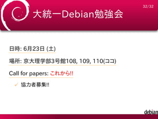 32/32

        大統一Debian勉強会


日時: 6月23日 (土)

場所: 京大理学部3号館108, 109, 110(ココ)

Call for papers: これから!!
 ✓ 協力者募集!!
 