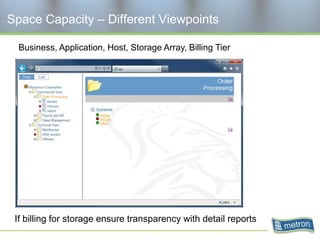 Space Capacity – Different Viewpoints

  Business, Application, Host, Storage Array, Billing Tier




 If billing for storage ensure transparency with detail reports
 