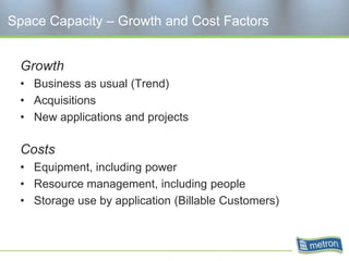 Space Capacity – Growth and Cost Factors


 Growth
 • Business as usual (Trend)
 • Acquisitions
 • New applications and projects

 Costs
 • Equipment, including power
 • Resource management, including people
 • Storage use by application (Billable Customers)
 