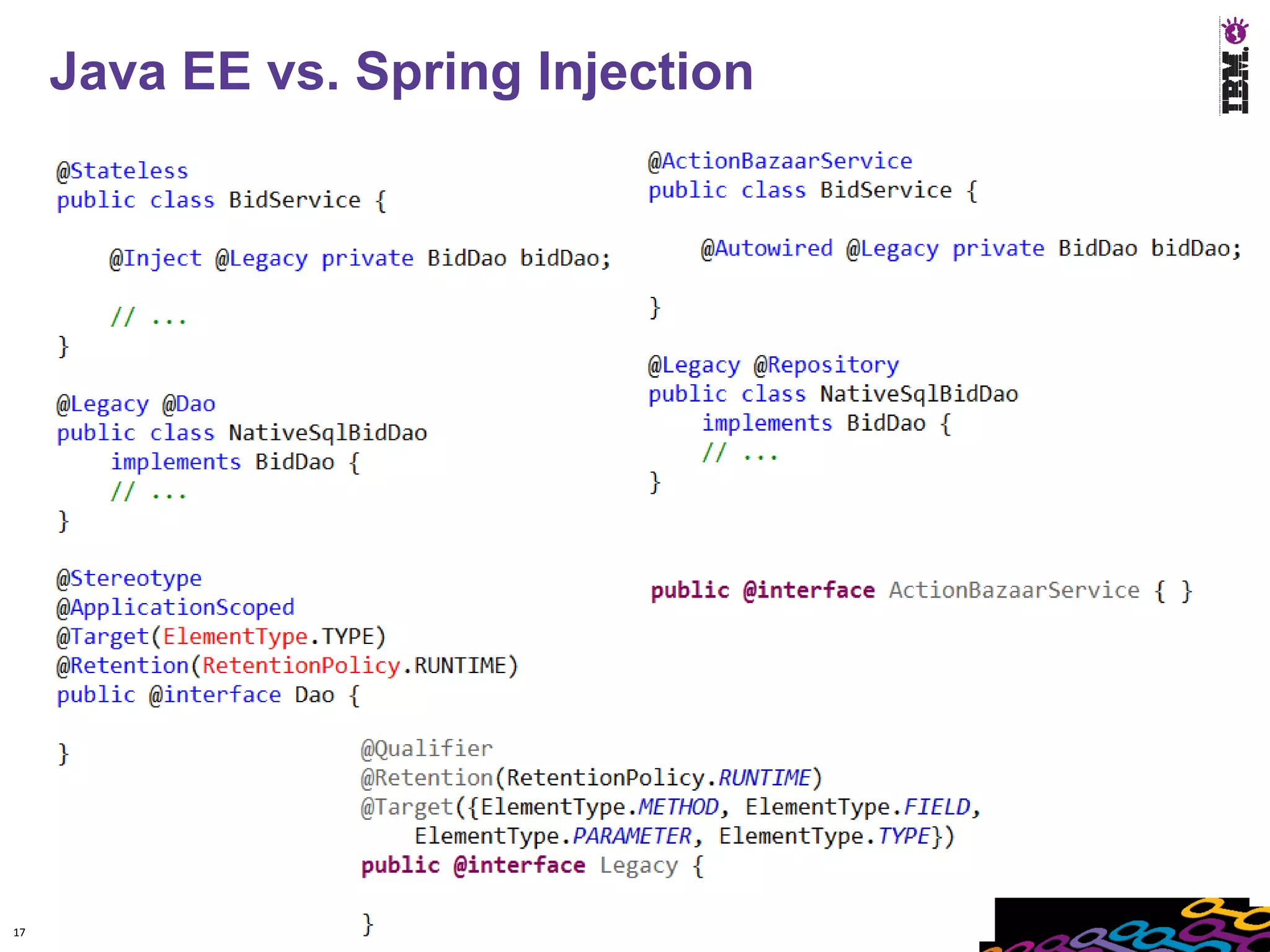 Java EE vs. Spring Injection




17
 