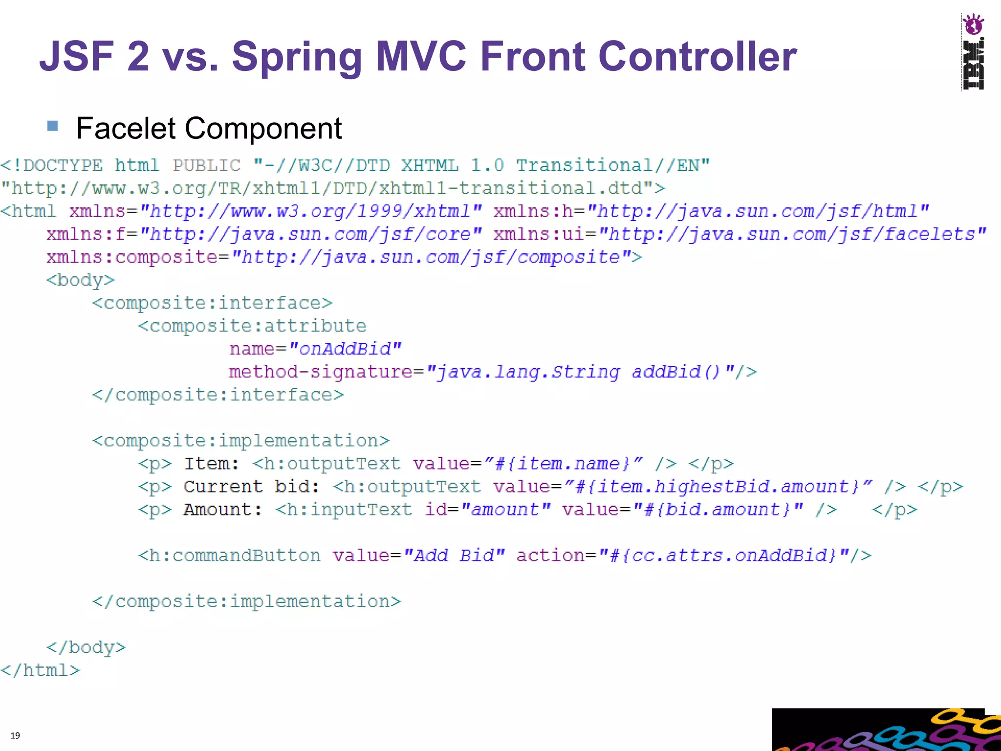 JSF 2 vs. Spring MVC Front Controller
      Facelet Component




19
 