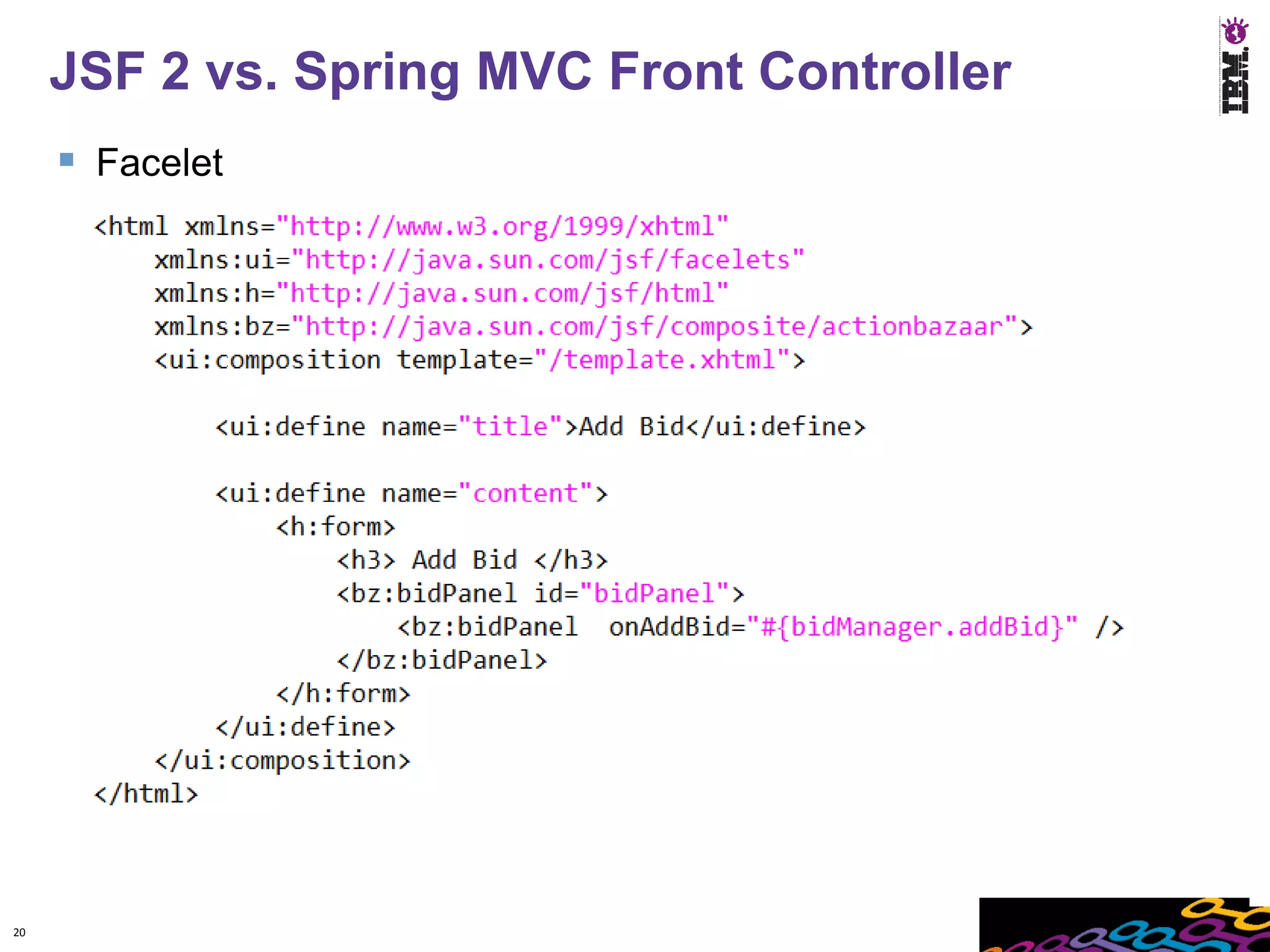 JSF 2 vs. Spring MVC Front Controller
      Facelet




20
 