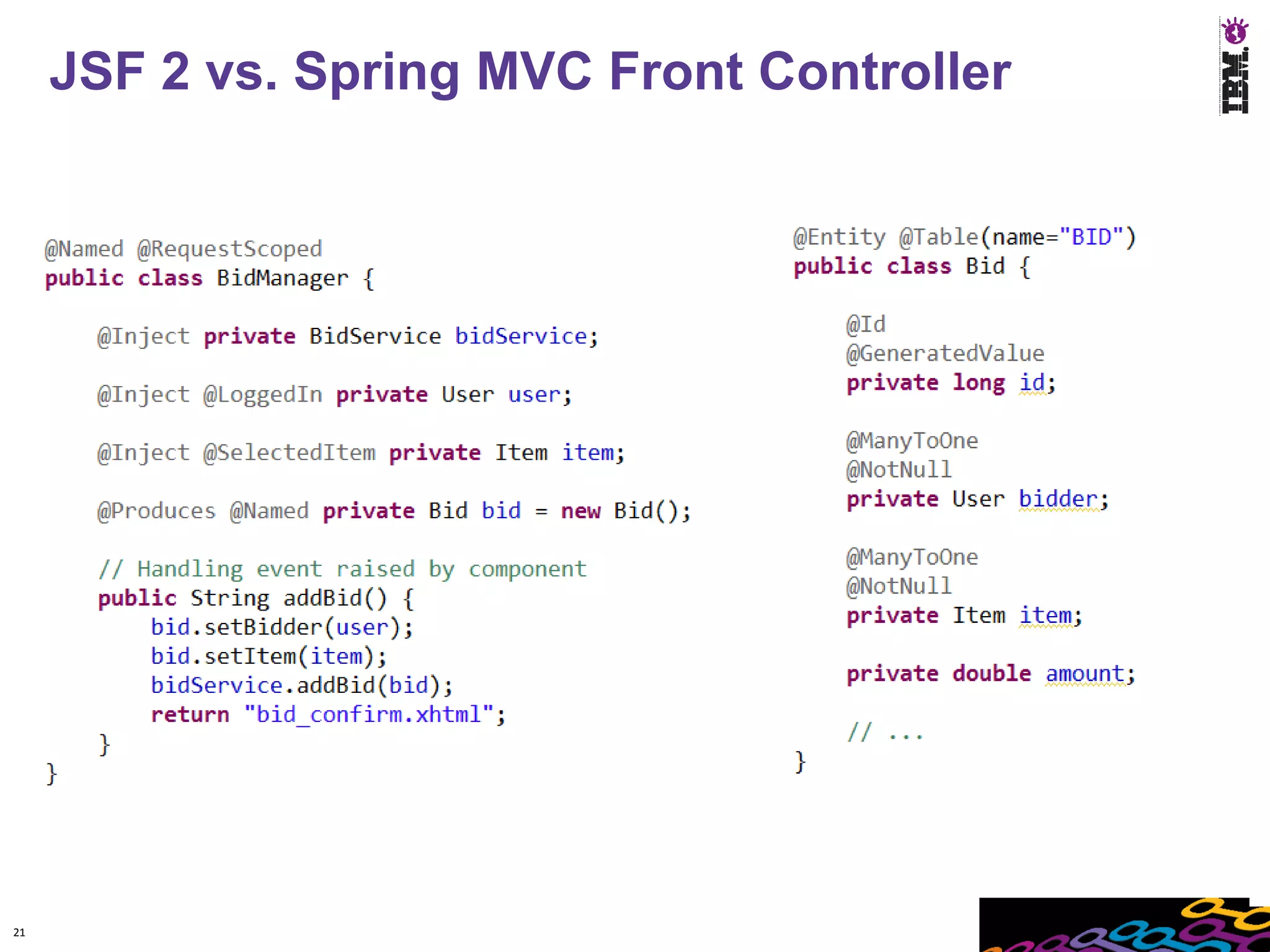 JSF 2 vs. Spring MVC Front Controller
                                  Entity




21
 