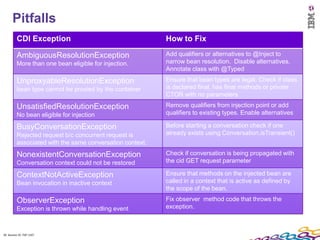 Pitfalls
         CDI Exception                                    How to Fix

         AmbiguousResolutionException                     Add qualifiers or alternatives to @Inject to
         More than one bean eligible for injection.       narrow bean resolution. Disable alternatives.
                                                          Annotate class with @Typed
         UnproxyableResolutionException                   Ensure that bean types are legal. Check if class
         bean type cannot be proxied by the container     is declared final, has final methods or private
                                                          CTOR with no parameters
         UnsatisfiedResolutionException                   Remove qualifiers from injection point or add
         No bean eligible for injection                   qualifiers to existing types. Enable alternatives

         BusyConversationException                        Before starting a conversation check if one
         Rejected request b/c concurrent request is       already exists using Conversation.isTransient()
         associated with the same conversation context.
         NonexistentConversationException                 Check if conversation is being propagated with
         Conversation context could not be restored       the cid GET request parameter

         ContextNotActiveException                        Ensure that methods on the injected bean are
         Bean invocation in inactive context              called in a context that is active as defined by
                                                          the scope of the bean.
         ObserverException                                Fix observer method code that throws the
         Exception is thrown while handling event         exception.



28 Session ID: TDP 1167
 