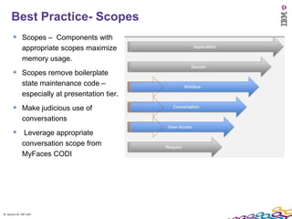 Best Practice- Scopes
         Scopes – Components with
               appropriate scopes maximize
               memory usage.
         Scopes remove boilerplate
               state maintenance code –
               especially at presentation tier.
         Make judicious use of
               conversations
         Leverage appropriate
               conversation scope from
               MyFaces CODI




33 Session ID: TDP 1167
 