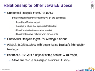 6
      Relationship to other Java EE Specs
         Contextual lifecycle mgmt. for EJBs
                    – Session bean instances obtained via DI are contextual
                         • Bound to a lifecycle context

                         • Available to others that execute in that context

                         • Container creates instance when needed

                         • Container Destroys instance when context ends

         Contextual lifecycle mgmt. for Managed Beans
         Associate Interceptors with beans using typesafe interceptor
               bindings
         Enhances JSF with a sophisticated context & DI model
                    – Allows any bean to be assigned an unique EL name


6 Session ID: TDP 1167
 