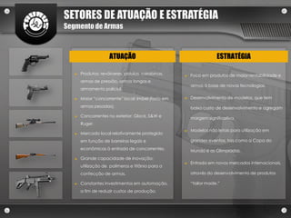 SETORES DE ATUAÇÃO E ESTRATÉGIA
Segmento de Armas



                     ATUAÇÃO                                        ESTRATÉGIA

   ►   Produtos: revólveres, pistolas, carabinas,   ►   Foco em produtos de maior rentabilidade e
       armas de pressão, armas longas e
                                                        armas à base de novas tecnologias.
       armamento policial.

   ►   Maior “concorrente” local: Imbel (foco em    ►   Desenvolvimento de modelos, que tem

       armas pesadas).                                  baixo custo de desenvolvimento e agregam
   ►   Concorrentes no exterior: Glock, S&W e
                                                        margem significativa.
       Ruger.
                                                    ►   Modelos não letais para utilização em
   ►   Mercado local relativamente protegido
       em função de barreiras legais e                  grandes eventos, tais como a Copa do
       econômicas à entrada de concorrentes.            Mundo e as Olimpíadas.
   ►   Grande capacidade de inovação:
                                                    ►   Entrada em novos mercados internacionais,
       utilização de polímeros e titânio para a
       confecção de armas.                              através do desenvolvimento de produtos

   ►   Constantes investimentos em automação,           “tailor made.”
       a fim de reduzir custos de produção.
 