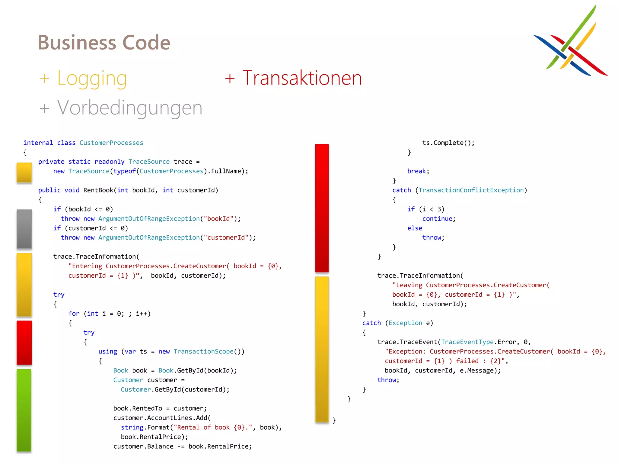 Business Code
   + Logging        + Transaktionen
   + Vorbedingungen
internal class CustomerProcesses                                                                 ts.Complete();
{                                                                                            }
    private static readonly TraceSource trace =
        new TraceSource(typeof(CustomerProcesses).FullName);                                 break;
                                                                                         }
    public void RentBook(int bookId, int customerId)                                     catch (TransactionConflictException)
    {                                                                                    {
        if (bookId <= 0)                                                                     if (i < 3)
          throw new ArgumentOutOfRangeException("bookId");                                       continue;
        if (customerId <= 0)                                                                 else
          throw new ArgumentOutOfRangeException("customerId");                                   throw;
                                                                                         }
        trace.TraceInformation(                                                      }
            "Entering CustomerProcesses.CreateCustomer( bookId = {0},
            customerId = {1} )“, bookId, customerId);                                trace.TraceInformation(
                                                                                         "Leaving CustomerProcesses.CreateCustomer(
        try                                                                              bookId = {0}, customerId = {1} )",
        {                                                                                bookId, customerId);
              for (int i = 0; ; i++)                                             }
              {                                                                  catch (Exception e)
                  try                                                            {
                  {                                                                  trace.TraceEvent(TraceEventType.Error, 0,
                      using (var ts = new TransactionScope())                          "Exception: CustomerProcesses.CreateCustomer( bookId = {0},
                      {                                                                customerId = {1} ) failed : {2}",
                          Book book = Book.GetById(bookId);                            bookId, customerId, e.Message);
                          Customer customer =                                        throw;
                            Customer.GetById(customerId);                        }
                                                                             }
                         book.RentedTo = customer;
                         customer.AccountLines.Add(                      }
                           string.Format("Rental of book {0}.", book),
                           book.RentalPrice);
                         customer.Balance -= book.RentalPrice;
 