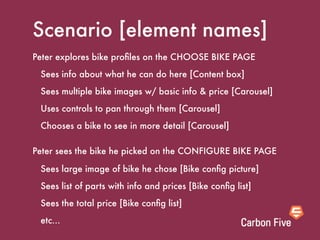 Scenario [element names]
Peter explores bike proﬁles on the CHOOSE BIKE PAGE
 Sees info about what he can do here [Content box]
 Sees multiple bike images w/ basic info & price [Carousel]
 Uses controls to pan through them [Carousel]
 Chooses a bike to see in more detail [Carousel]

Peter sees the bike he picked on the CONFIGURE BIKE PAGE

 Sees large image of bike he chose [Bike conﬁg picture]
 Sees list of parts with info and prices [Bike conﬁg list]
 Sees the total price [Bike conﬁg list]
 etc...
 
