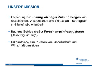 UNSERE MISSION

  Forschung zur Lösung wichtiger Zukunftsfragen von
   Gesellschaft, Wissenschaft und Wirtschaft – strategisch
   und langfristig orientiert

  Bau und Betrieb großer Forschungsinfrastrukturen
   („think big, act big“)

  Erkenntnisse zum Nutzen von Gesellschaft und
   Wirtschaft umsetzen




SEITE 2
 