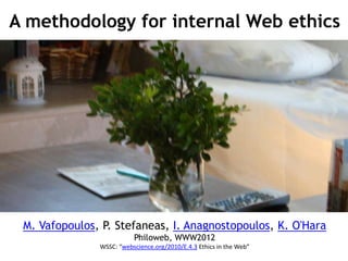A methodology for internal Web ethics




 M. Vafopoulos, P. Stefaneas, I. Anagnostopoulos, K. O'Hara
                          Philoweb, WWW2012
               WSSC: “webscience.org/2010/E.4.3 Ethics in the Web”
 