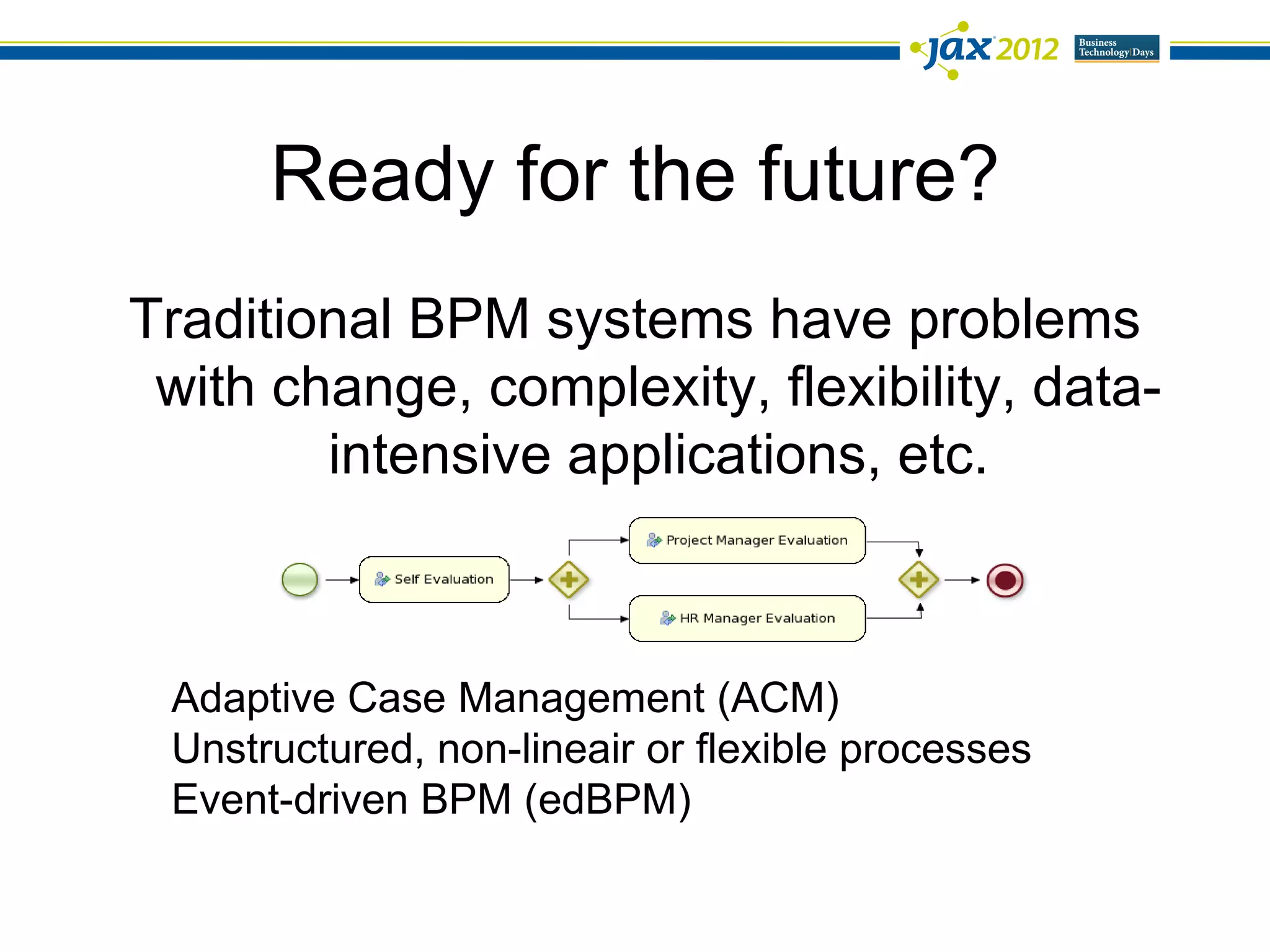 Ready for the future?
Traditional BPM systems have problems
 with change, complexity, flexibility, data-
        intensive applications, etc.



 Adaptive Case Management (ACM)
 Unstructured, non-lineair or flexible processes
 Event-driven BPM (edBPM)
 