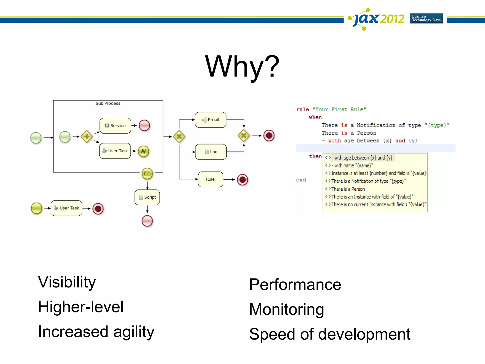 Why?




Visibility            Performance
Higher-level          Monitoring
Increased agility     Speed of development
 