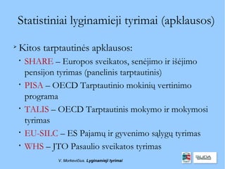 Statistiniai lyginamieji tyrimai (apklausos)

    Kitos tarptautinės apklausos:
    
        SHARE – Europos sveikatos, senėjimo ir išėjimo
        pensijon tyrimas (panelinis tarptautinis)
    
        PISA – OECD Tarptautinio mokinių vertinimo
        programa
    
        TALIS – OECD Tarptautinis mokymo ir mokymosi
        tyrimas
    
        EU-SILC – ES Pajamų ir gyvenimo sąlygų tyrimas
    
        WHS – JTO Pasaulio sveikatos tyrimas
                V. Morkevičius. Lyginamieji tyrimai
 
