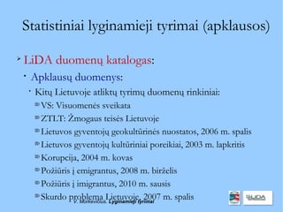 Statistiniai lyginamieji tyrimai (apklausos)

    LiDA duomenų katalogas:
    
        Apklausų duomenys:
        
            Kitų Lietuvoje atliktų tyrimų duomenų rinkiniai:
            
              VS: Visuomenės sveikata
            
              ZTLT: Žmogaus teisės Lietuvoje
            
              Lietuvos gyventojų geokultūrinės nuostatos, 2006 m. spalis
            
              Lietuvos gyventojų kultūriniai poreikiai, 2003 m. lapkritis
            
              Korupcija, 2004 m. kovas
            
              Požiūris į emigrantus, 2008 m. birželis
            
              Požiūris į imigrantus, 2010 m. sausis
            
              Skurdo problema Lietuvoje, 2007 m. spalis
                       V. Morkevičius. Lyginamieji tyrimai
 
