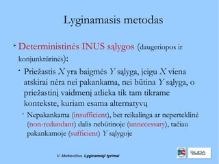 Lyginamasis metodas

    Deterministinės INUS sąlygos (daugeriopos ir
    konjunktūrinės):
    
        Priežastis X yra baigmės Y sąlyga, jeigu X viena
        atskirai nėra nei pakankama, nei būtina Y sąlyga, o
        priežastinį vaidmenį atlieka tik tam tikrame
        kontekste, kuriam esama alternatyvų
        
            Nepakankama (insufficient), bet reikalinga ar neperteklinė
            (non-redundant) dalis nebūtinoje (unnecessary), tačiau
            pakankamoje (sufficient) Y sąlygoje

                      V. Morkevičius. Lyginamieji tyrimai
 