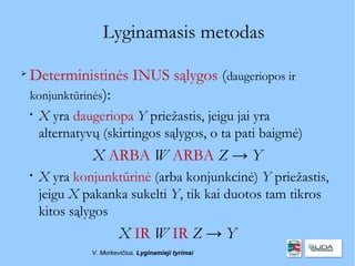 Lyginamasis metodas

    Deterministinės INUS sąlygos (daugeriopos ir
    konjunktūrinės):
    
        X yra daugeriopa Y priežastis, jeigu jai yra
        alternatyvų (skirtingos sąlygos, o ta pati baigmė)
                  X ARBA W ARBA Z → Y
    
        X yra konjunktūrinė (arba konjunkcinė) Y priežastis,
        jeigu X pakanka sukelti Y, tik kai duotos tam tikros
        kitos sąlygos
                           X IR W IR Z → Y
                  V. Morkevičius. Lyginamieji tyrimai
 
