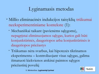 Lyginamasis metodas

    Millio eliminacinės indukcijos taisyklių trūkumai
    neeksperimentiniame kontekste (1):
    
        Mechaniškai taikant (pavienėms sąlygoms),
        nepagrįstai eliminuojamos sąlygas, kurios gali būti
        konjunktūrinės, daugeriopos arba konjunktūrinės ir
        daugeriopos priežastys
    
        Trūkumas nėra svarbus, kai hipotezės tikrinamos
        eksperimentu – kontroliuojant visas sąlygas, galima
        išmatuoti kiekvienos atskirai paimtos sąlygos
        priežastinį poveikį
                 V. Morkevičius. Lyginamieji tyrimai
 