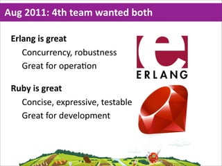 Aug  2011:  4th  team  wanted  both

 Erlang  is  great
    Concurrency,  robustness
    Great  for  opera=on

 Ruby  is  great
   Concise,  expressive,  testable
   Great  for  development
 