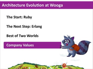 Architecture  EvoluMon  at  Wooga

  The  Start:  Ruby

  The  Next  Step:  Erlang

  Best  of  Two  Worlds

  Company  Values
 