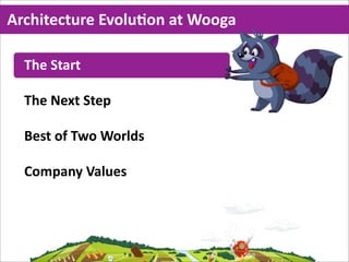 Architecture  EvoluMon  at  Wooga

  The  Start

  The  Next  Step

  Best  of  Two  Worlds

  Company  Values
 