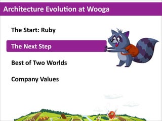 Architecture  EvoluMon  at  Wooga

  The  Start:  Ruby

  The  Next  Step

  Best  of  Two  Worlds

  Company  Values
 