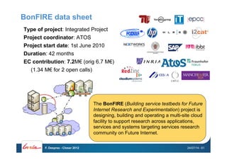 BonFIRE data sheet
Type of project: Integrated Project
Project coordinator: ATOS
Project start date: 1st June 2010
Duration: 42 months
EC contribution: 7.2M€ (orig 6.7 M€)
(1.34 M€ for 2 open calls)
The BonFIRE (Building service testbeds for Future
Internet Research and Experimentation) project is
designing, building and operating a multi-site cloud
facility to support research across applications,
services and systems targeting services research
community on Future Internet.
24/07/14F. Desprez - Closer 2012 - 61
 