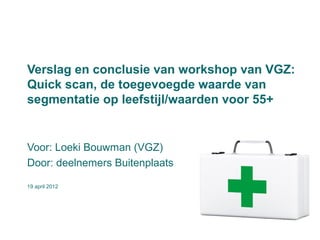 Verslag en conclusie van workshop van VGZ:
Quick scan, de toegevoegde waarde van
segmentatie op leefstijl/waarden voor 55+


Voor: Loeki Bouwman (VGZ)
Door: deelnemers Buitenplaats

19 april 2012
 