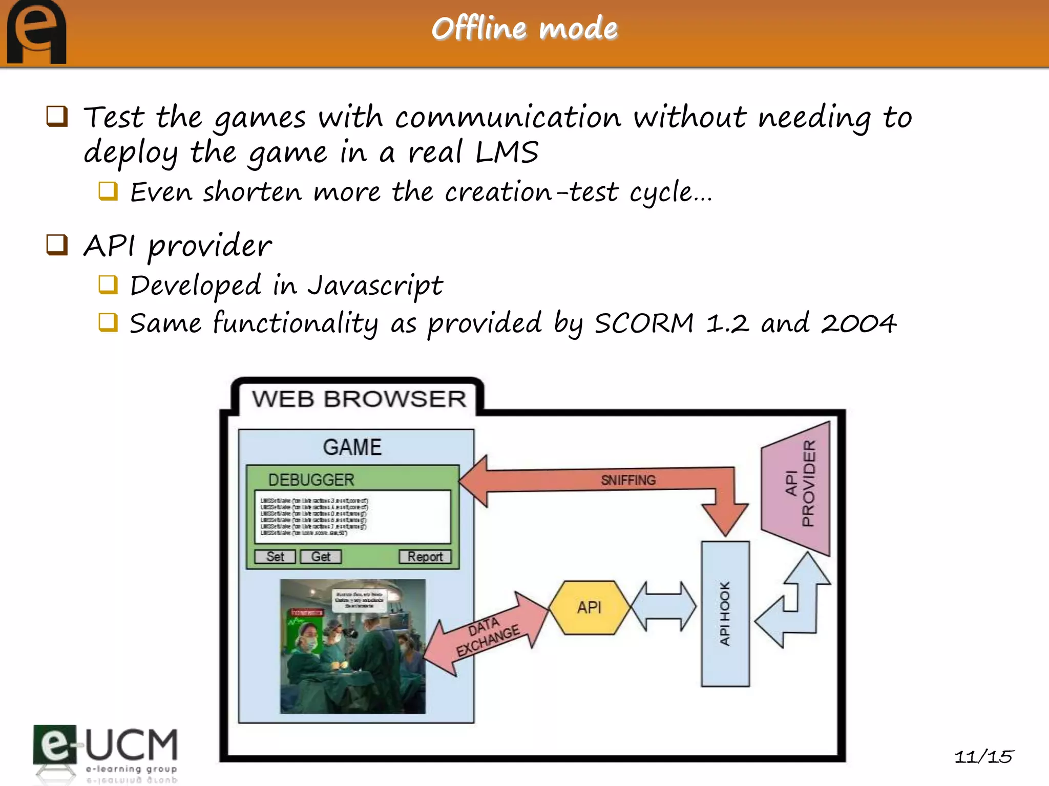 Offline mode


 Test the games with communication without needing to
  deploy the game in a real LMS
    Even shorten more the creation-test cycle…

 API provider
    Developed in Javascript
    Same functionality as provided by SCORM 1.2 and 2004




                                                            11/15
 